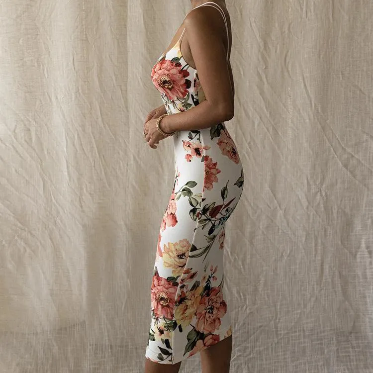 Sexy Floral Print Backless Sheath Midi Dresses