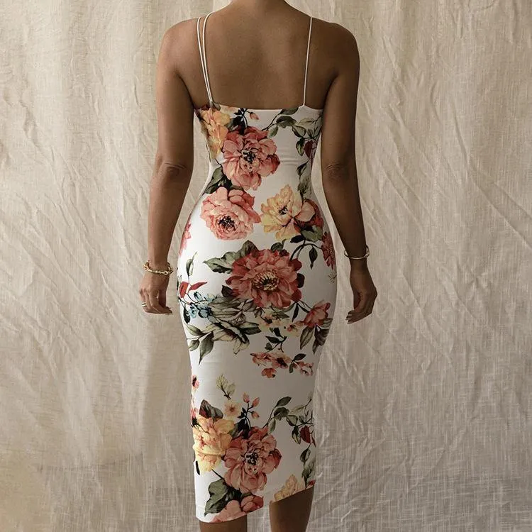 Sexy Floral Print Backless Sheath Midi Dresses