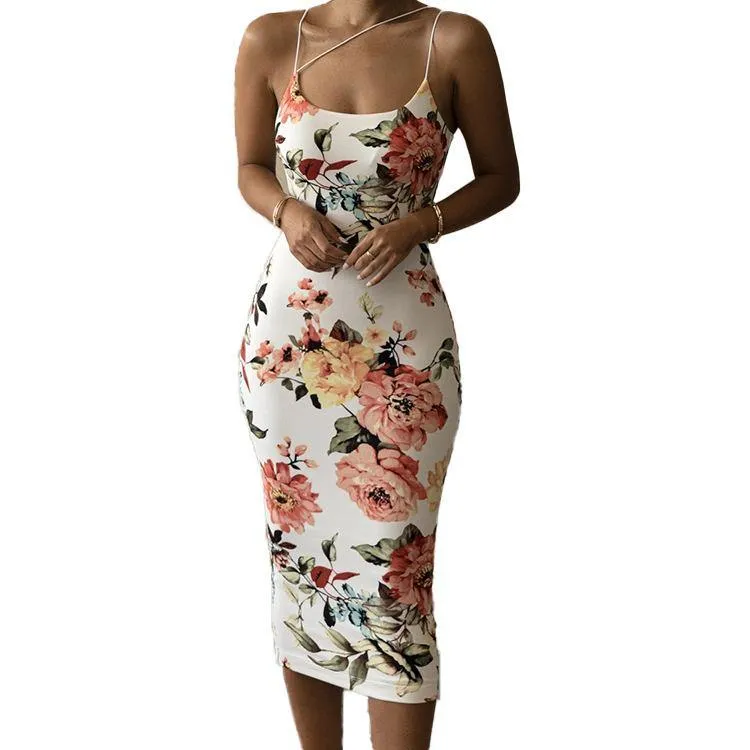 Sexy Floral Print Backless Sheath Midi Dresses