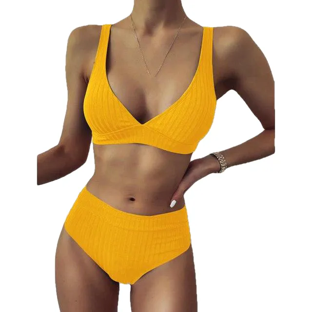 Sexy Women's High Waist V-neck Ribbed Push Up Bikinis