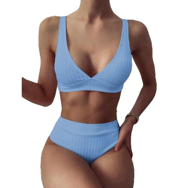 Sexy Women's High Waist V-neck Ribbed Push Up Bikinis