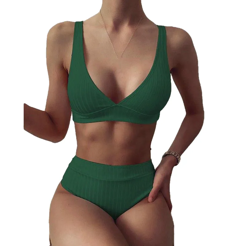 Sexy Women's High Waist V-neck Ribbed Push Up Bikinis