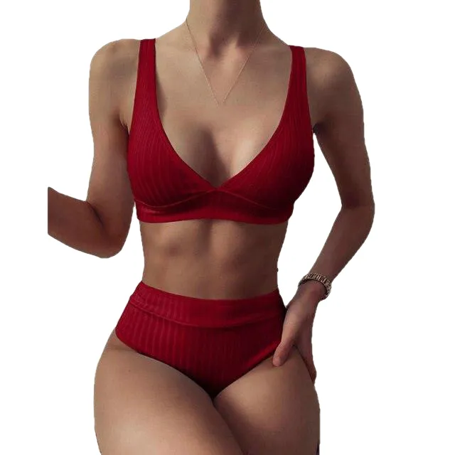 Sexy Women's High Waist V-neck Ribbed Push Up Bikinis