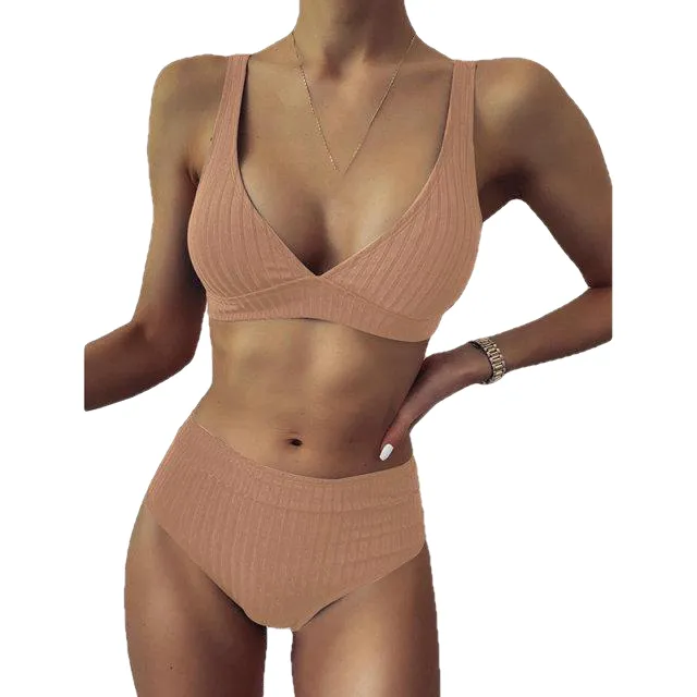 Sexy Women's High Waist V-neck Ribbed Push Up Bikinis