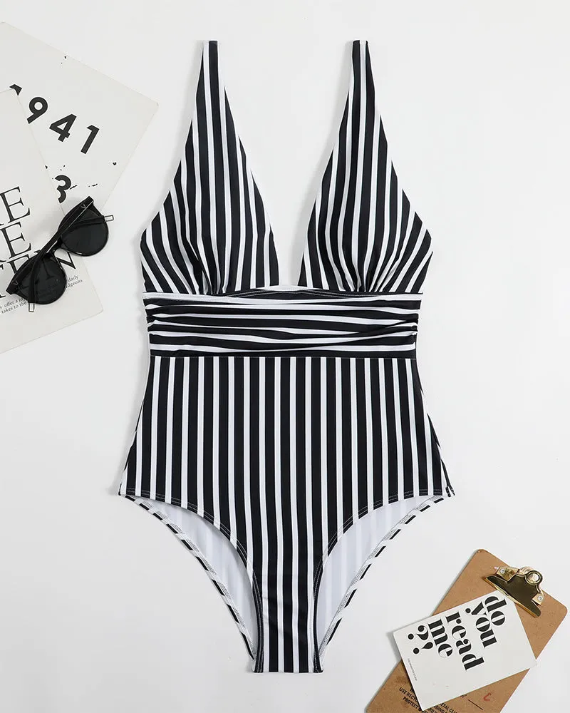 SheCurve® Striped Plunging Neck Swimsuit