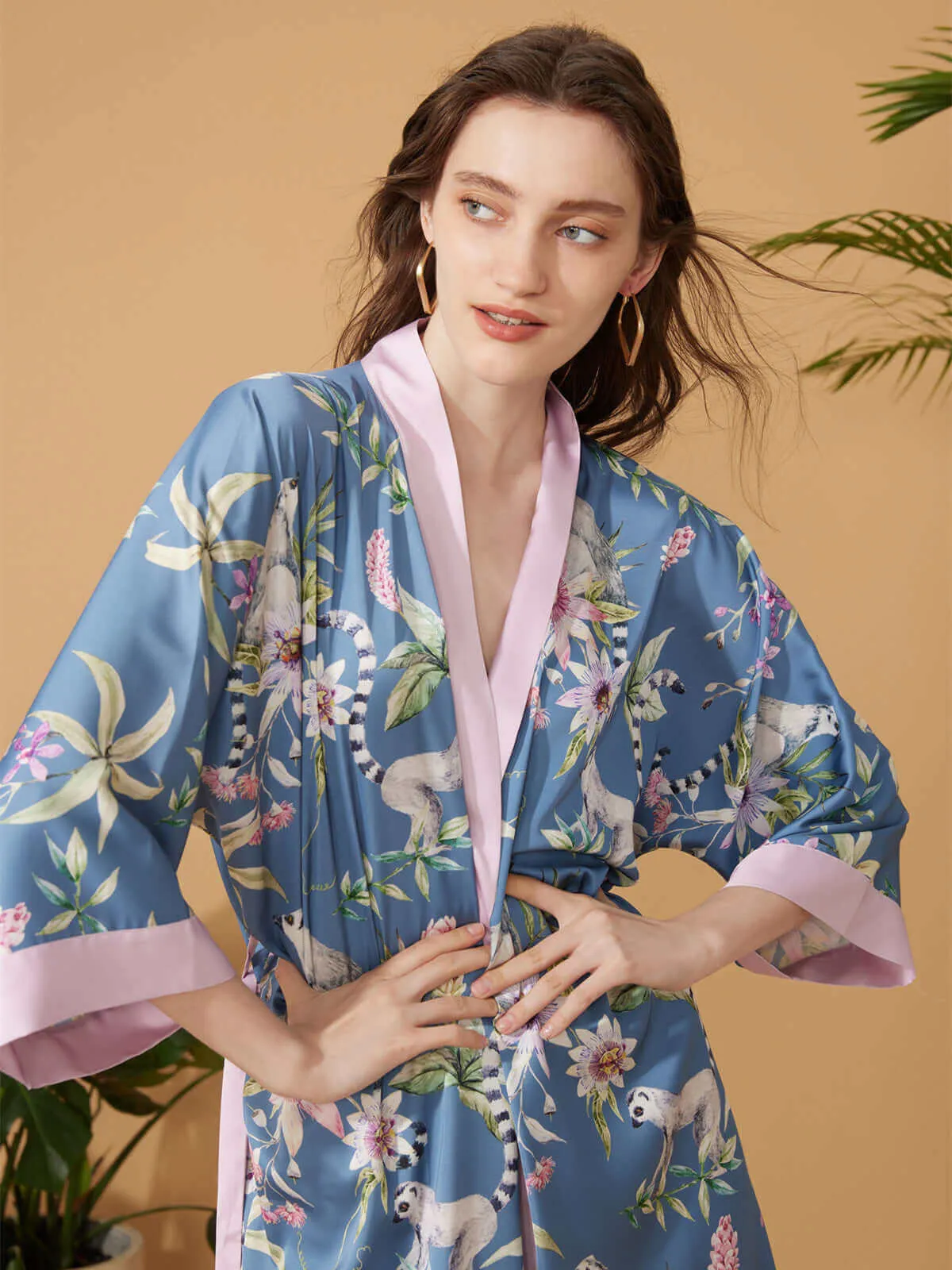 Short Kimono Robe Blue Forest