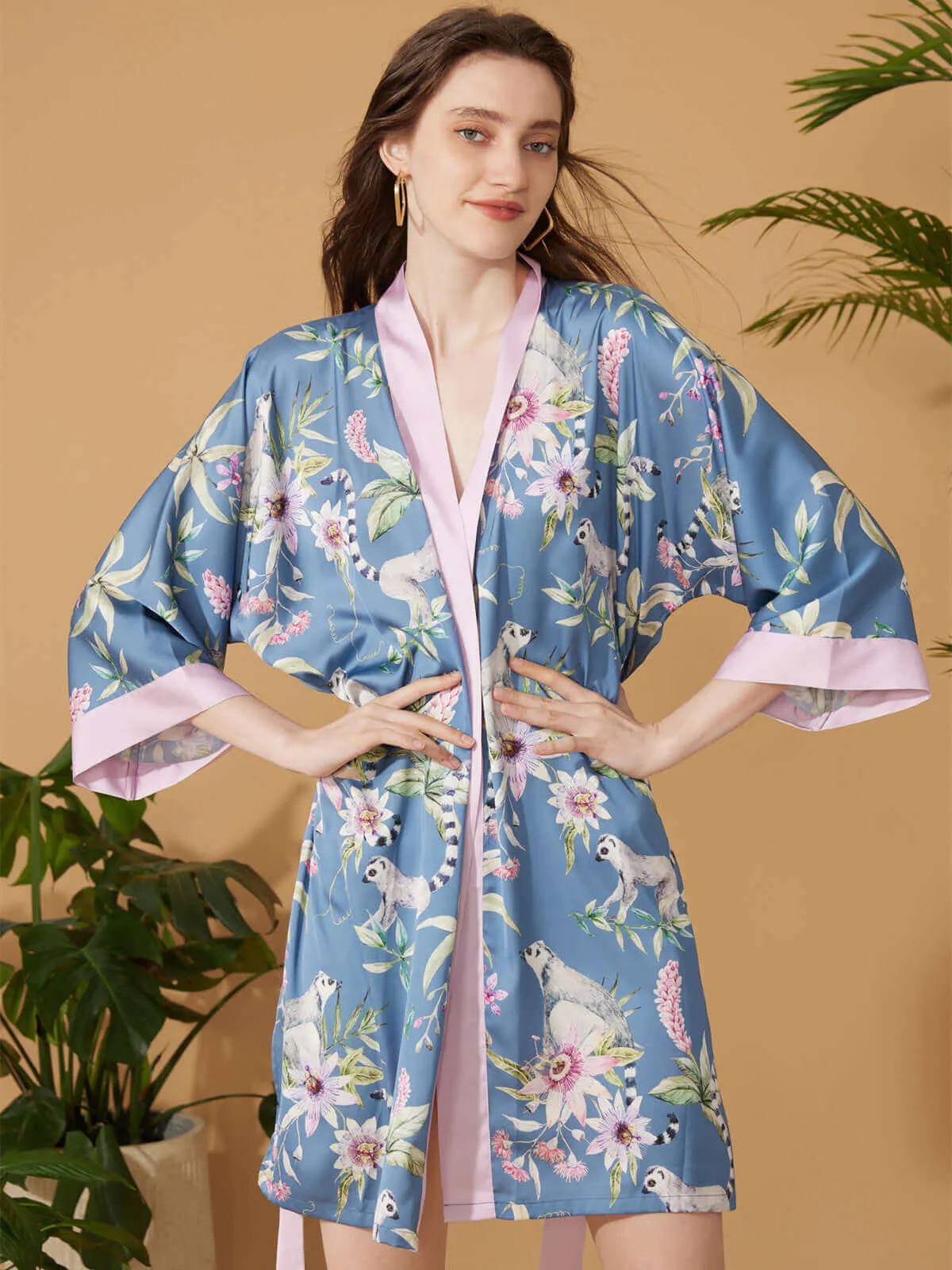 Short Kimono Robe Blue Forest