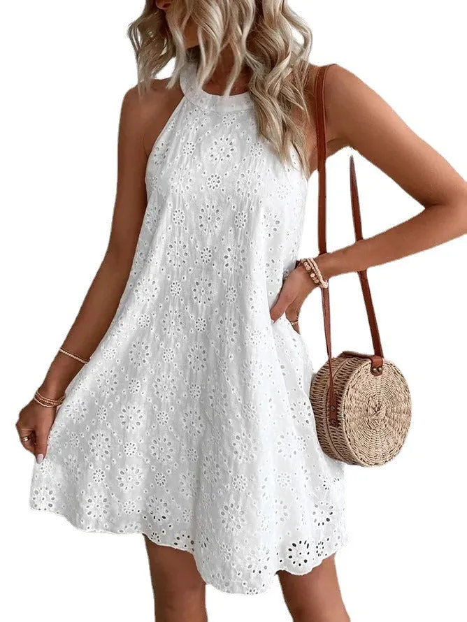 Solid Color Halter Neck Lace Shift Mini Dress (4 colors)