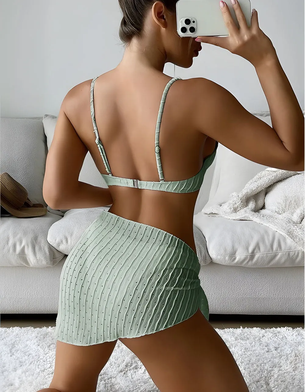 Solid-color Plain Three-piece Strap Backless Bikini Swimwear