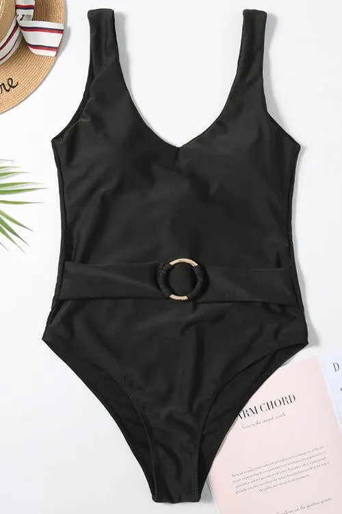 Solid V Neck One Piece Swimwear