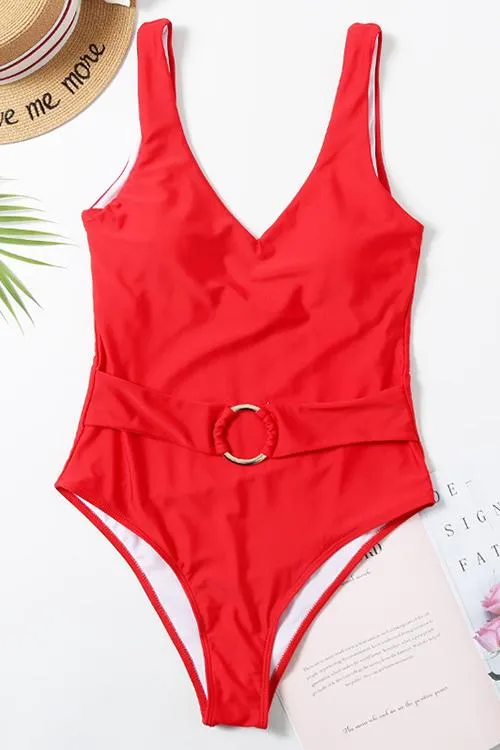 Solid V Neck One Piece Swimwear