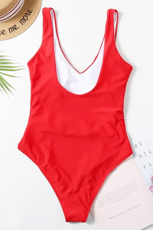 Solid V Neck One Piece Swimwear