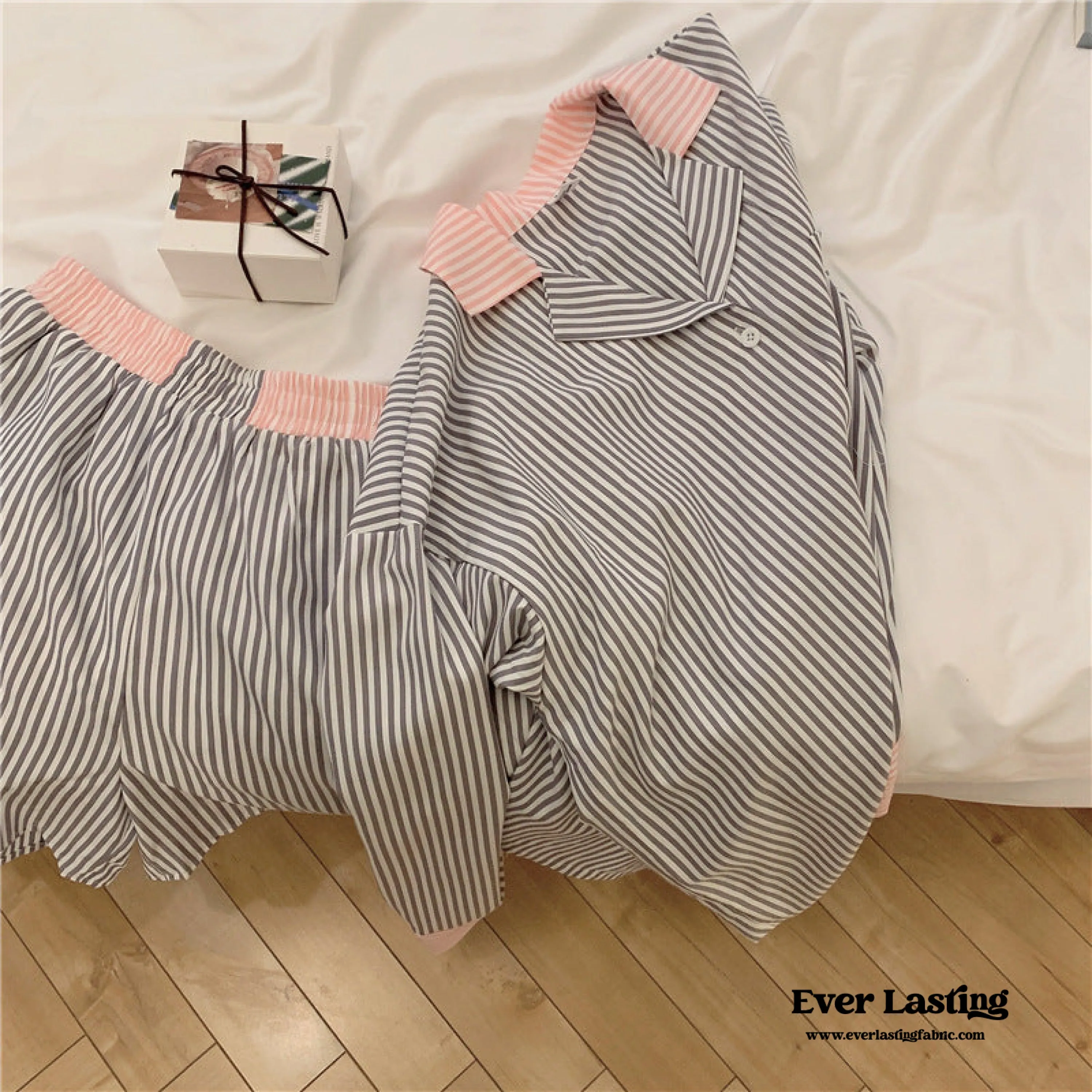 Striped Long Sleeves and Shorts Pajama Set / Pink