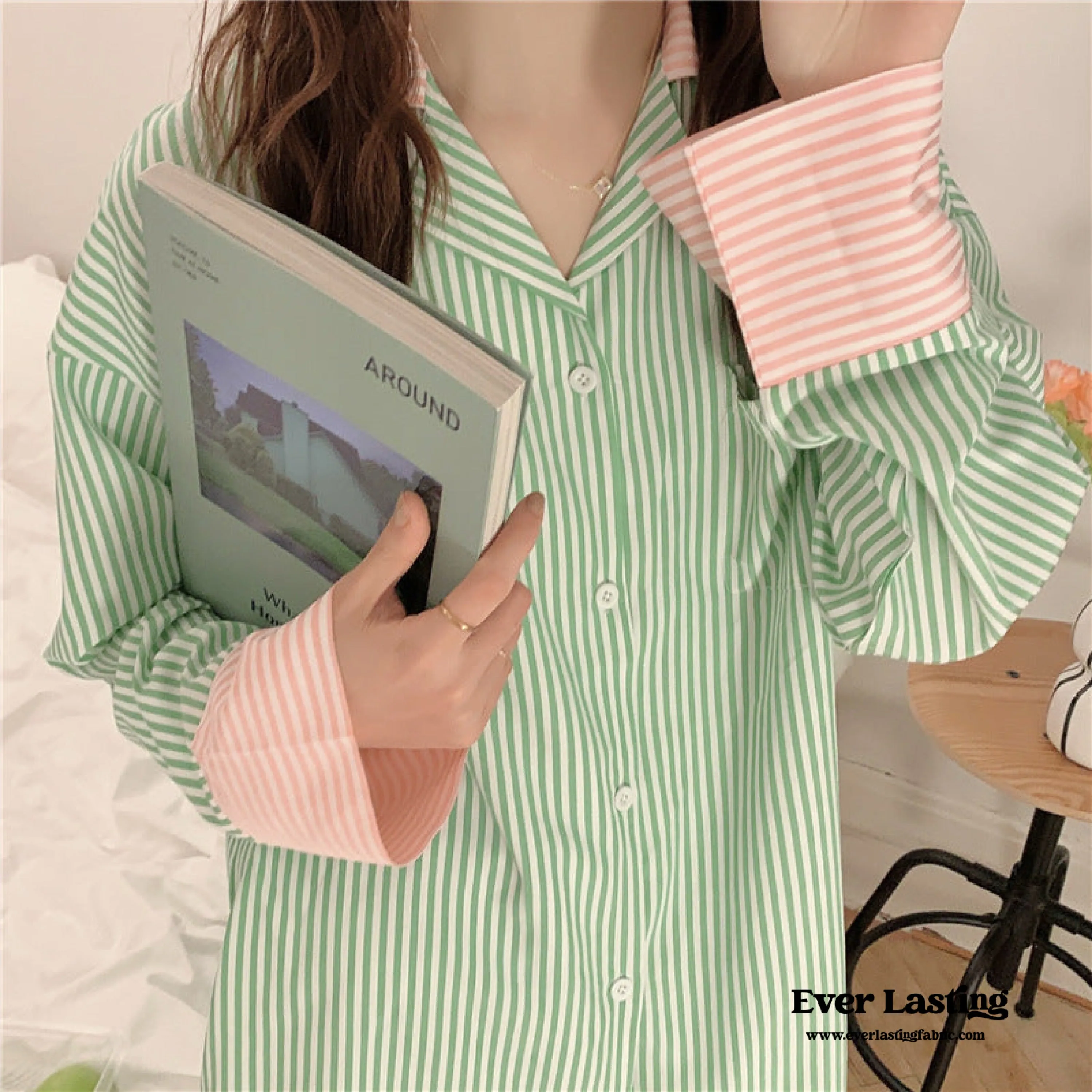 Striped Long Sleeves and Shorts Pajama Set / Pink