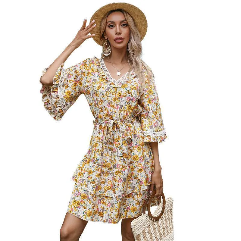 Summer Bell Sleeves Ruffled Short Dresses