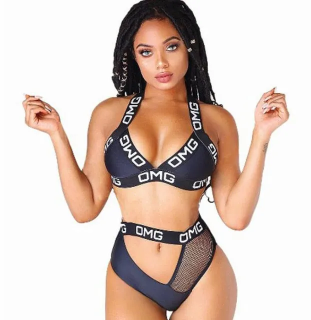 Summer Swimwear Women Sexy Letter Printed High Waist Swimsuit Omg Bandage Push-Up Padded Bikini 2019 Women's Swimming Suit