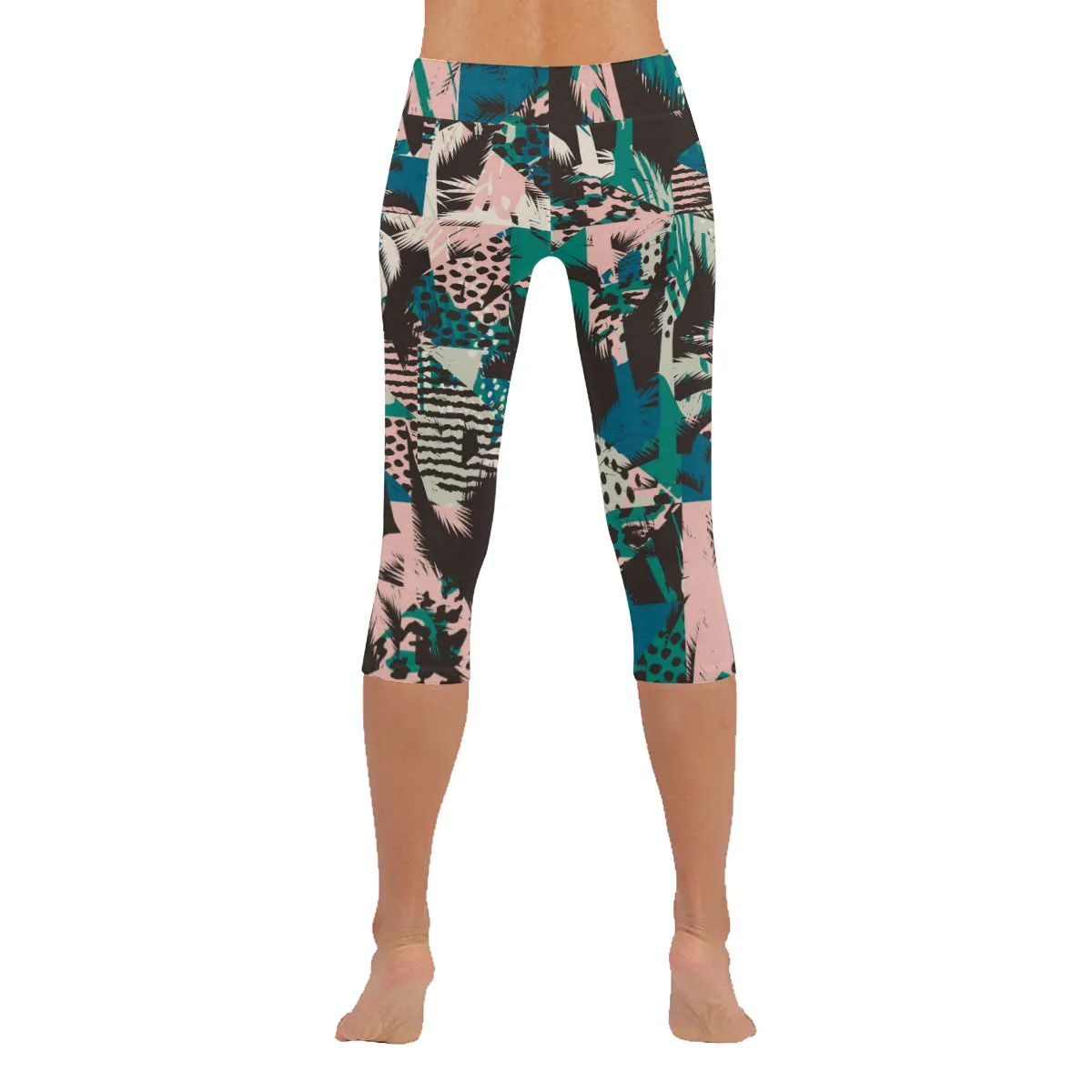 Trendy Seamless Exotic Pattern with Palm Animal Women's Low Rise Capri Leggings (Invisible Stitch)