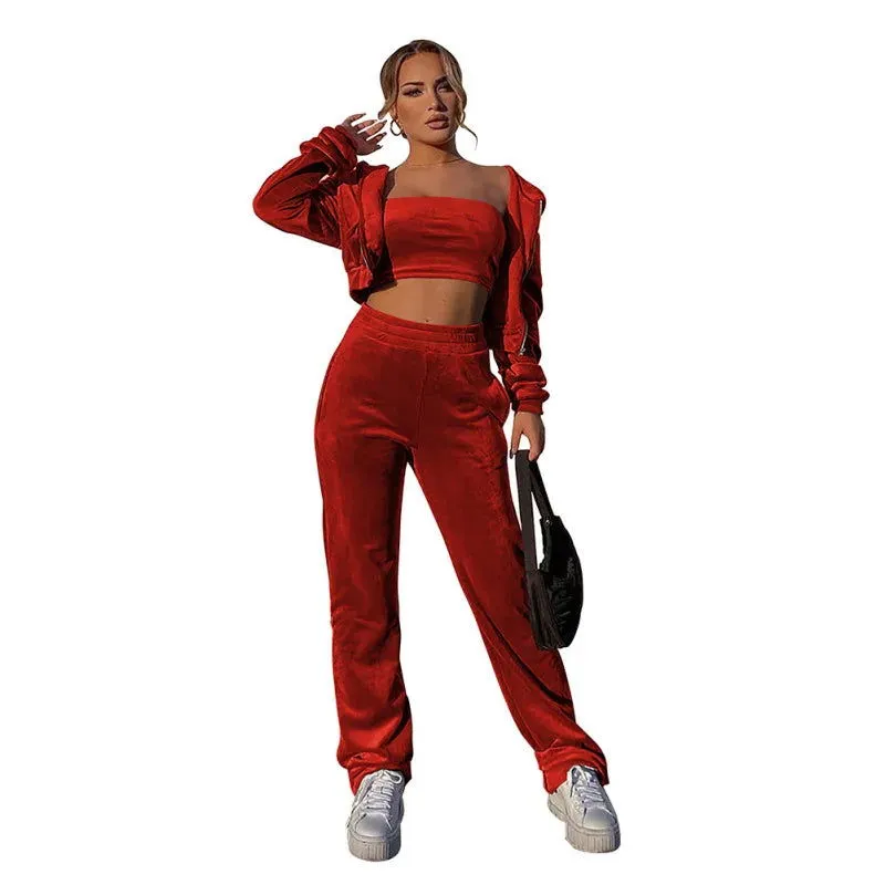 Velvet Velour 3PCS Hooded Jacket, Crop Top & Sweatpants