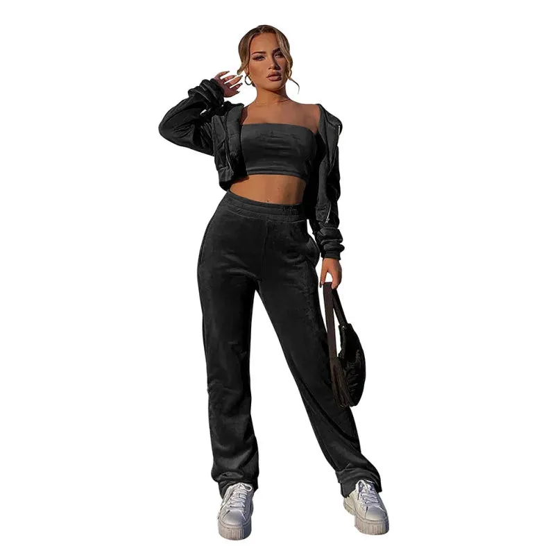 Velvet Velour 3PCS Hooded Jacket, Crop Top & Sweatpants