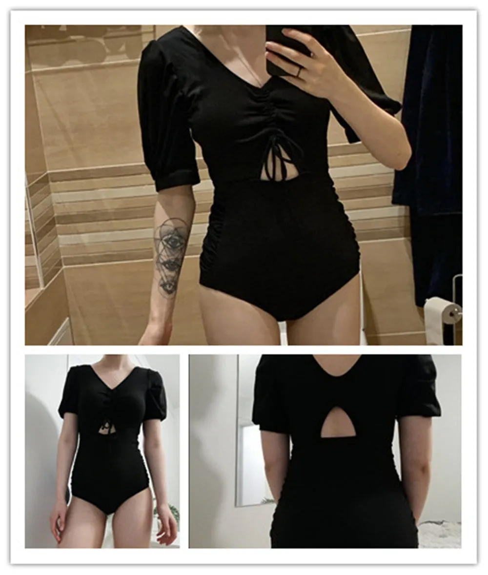 VenusFox Short Sleeve One Piece Swimsuit Women Solid Swimwear Cut Out Monokini Push Up Swim Suit Korea Style Bathing Suit Pad Open Back