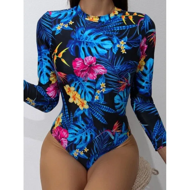 VenusFox Surfing Swimsuit for Women Long Sleeve One Piece Bodysuit Leaves Print Sexy Bikini Brasileño Summer Push Up Swimwear