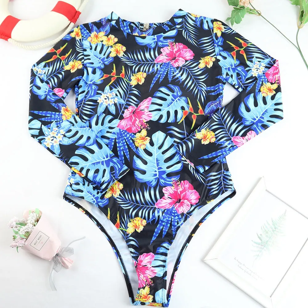 VenusFox Surfing Swimsuit for Women Long Sleeve One Piece Bodysuit Leaves Print Sexy Bikini Brasileño Summer Push Up Swimwear