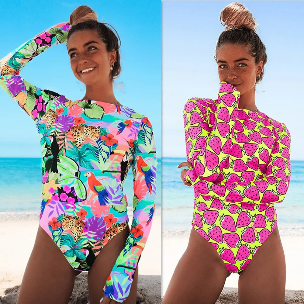 VenusFox Surfing Swimsuit for Women Long Sleeve One Piece Bodysuit Leaves Print Sexy Bikini Brasileño Summer Push Up Swimwear