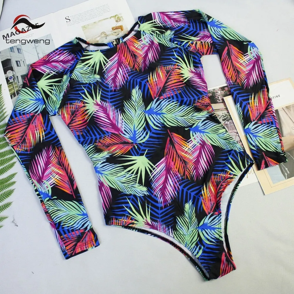 VenusFox Surfing Swimsuit for Women Long Sleeve One Piece Bodysuit Leaves Print Sexy Bikini Brasileño Summer Push Up Swimwear