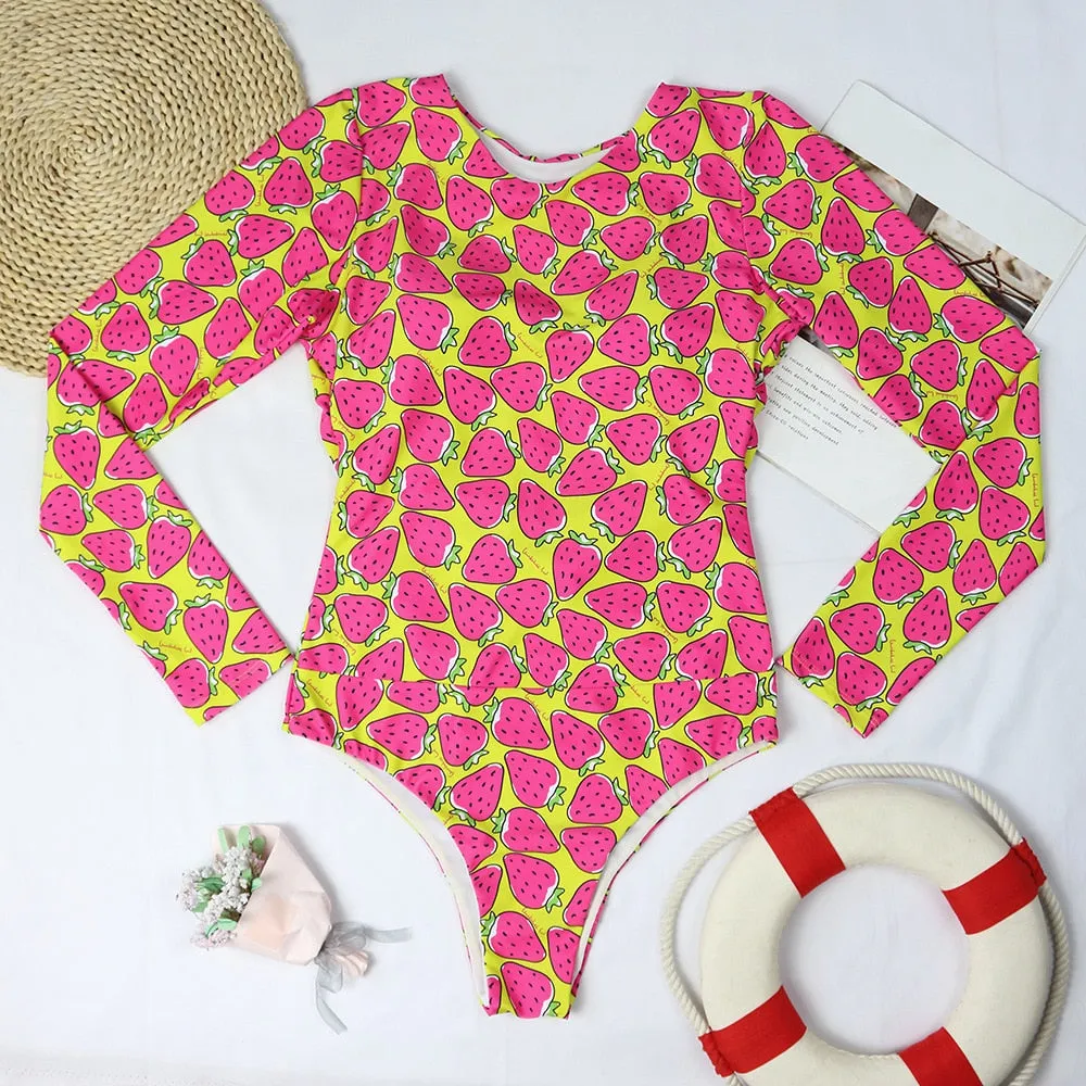 VenusFox Surfing Swimsuit for Women Long Sleeve One Piece Bodysuit Leaves Print Sexy Bikini Brasileño Summer Push Up Swimwear