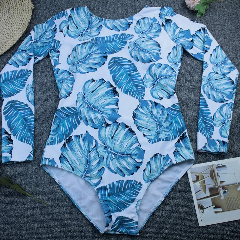 VenusFox Surfing Swimsuit for Women Long Sleeve One Piece Bodysuit Leaves Print Sexy Bikini Brasileño Summer Push Up Swimwear