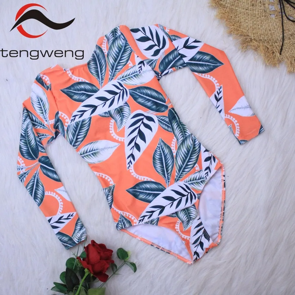 VenusFox Surfing Swimsuit for Women Long Sleeve One Piece Bodysuit Leaves Print Sexy Bikini Brasileño Summer Push Up Swimwear