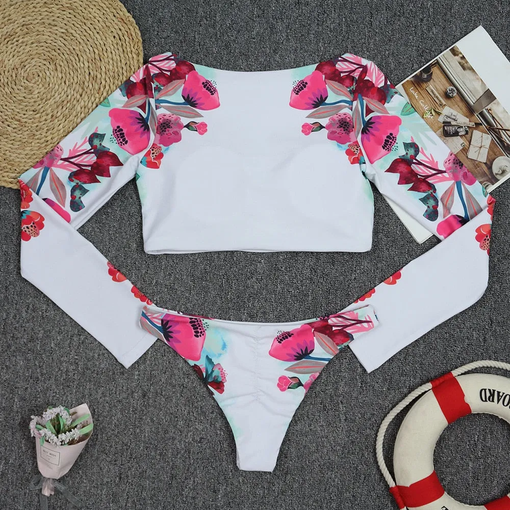 VenusFox Surfing Swimsuit for Women Long Sleeve One Piece Bodysuit Leaves Print Sexy Bikini Brasileño Summer Push Up Swimwear