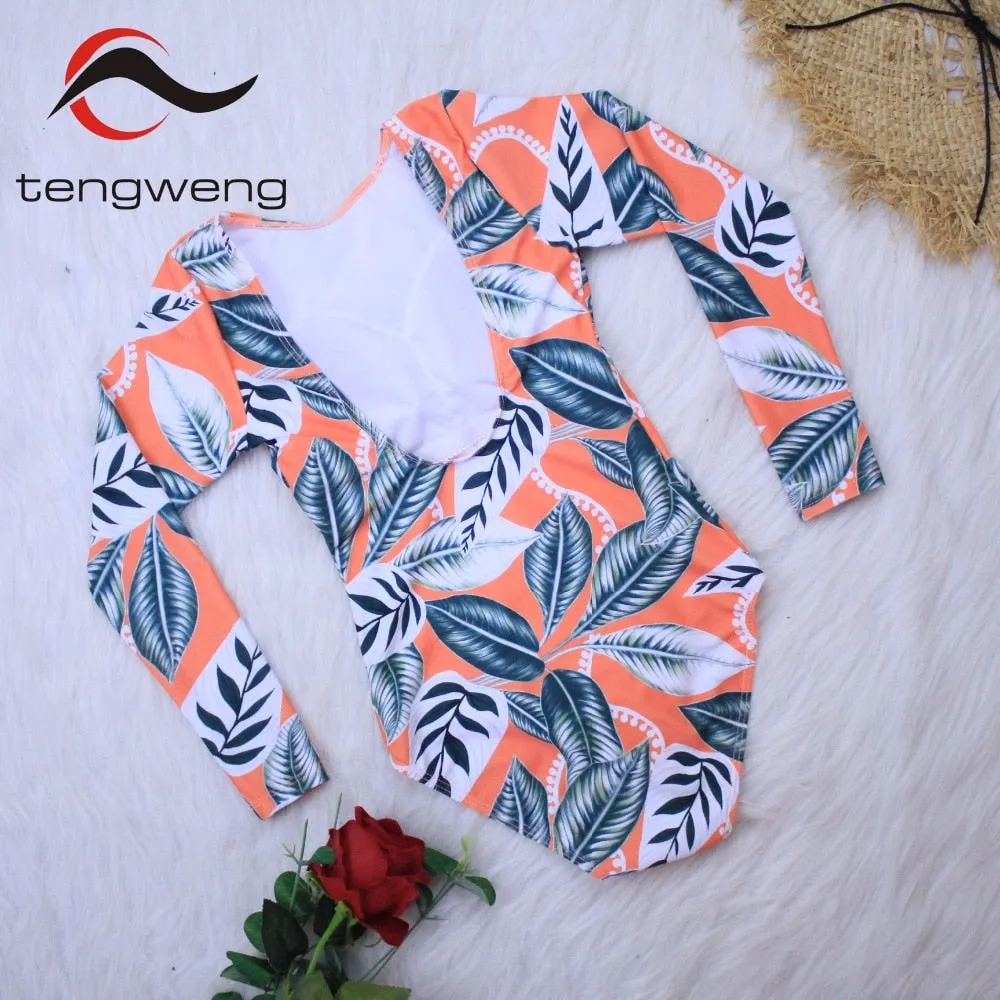 VenusFox Surfing Swimsuit for Women Long Sleeve One Piece Bodysuit Leaves Print Sexy Bikini Brasileño Summer Push Up Swimwear