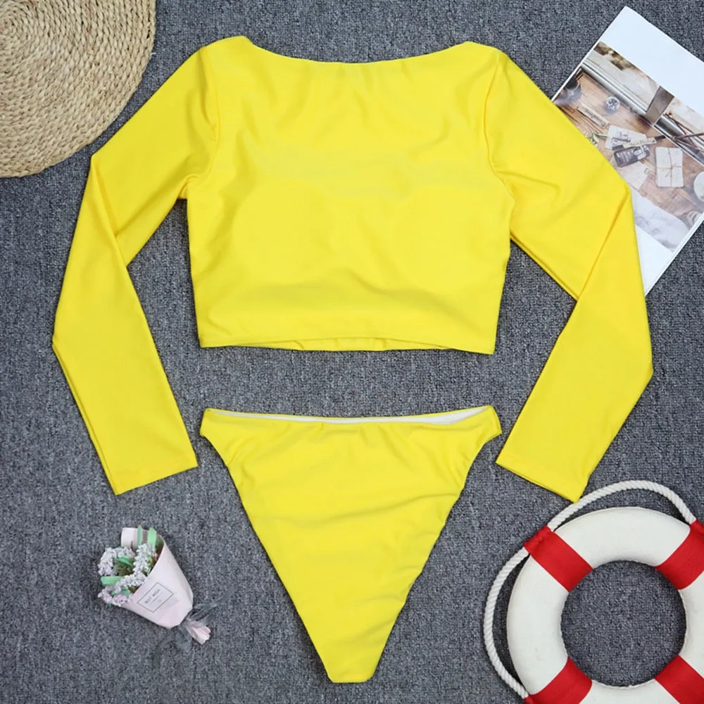 VenusFox Surfing Swimsuit for Women Long Sleeve One Piece Bodysuit Leaves Print Sexy Bikini Brasileño Summer Push Up Swimwear