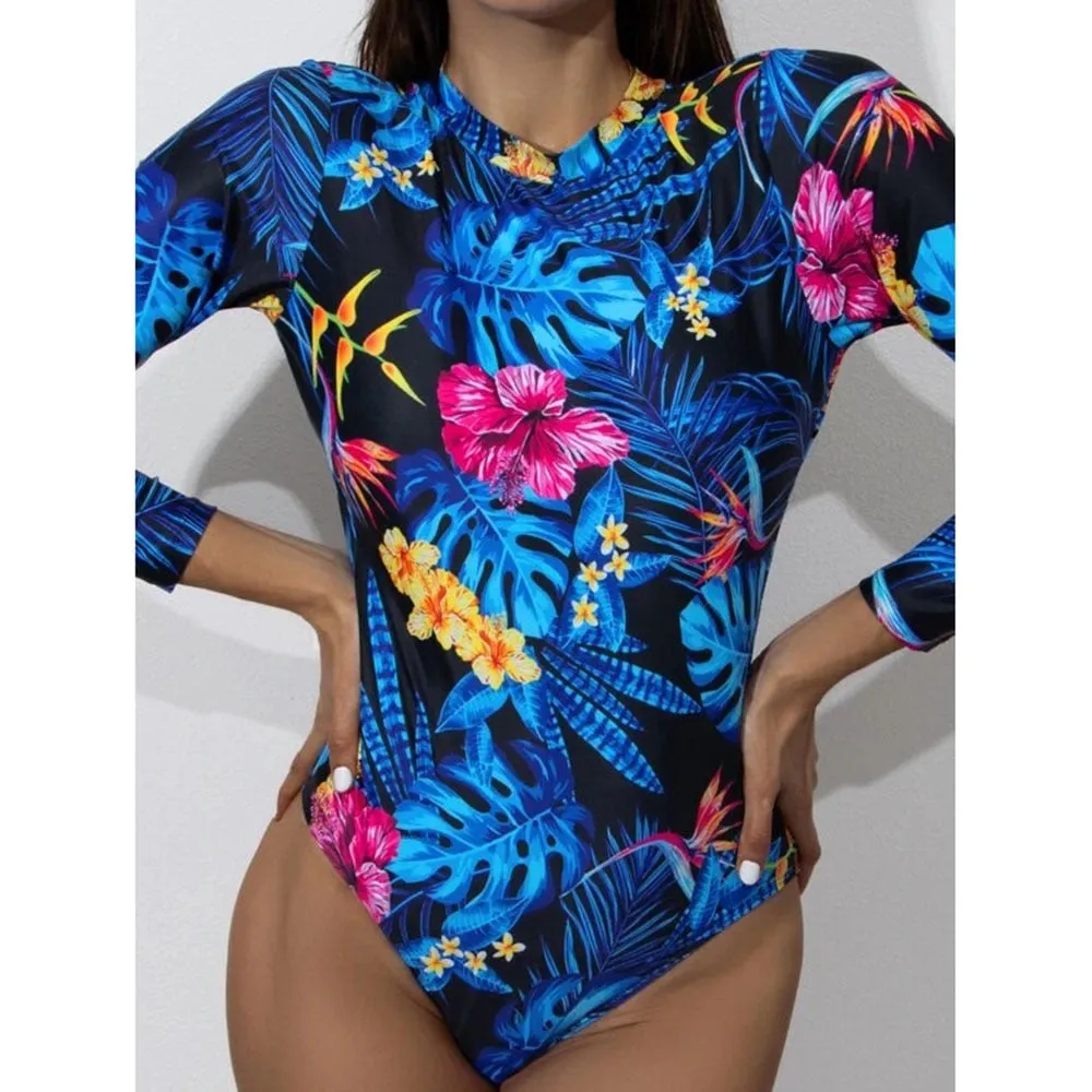 VenusFox Surfing Swimsuit for Women Long Sleeve One Piece Bodysuit Leaves Print Sexy Bikini Brasileño Summer Push Up Swimwear