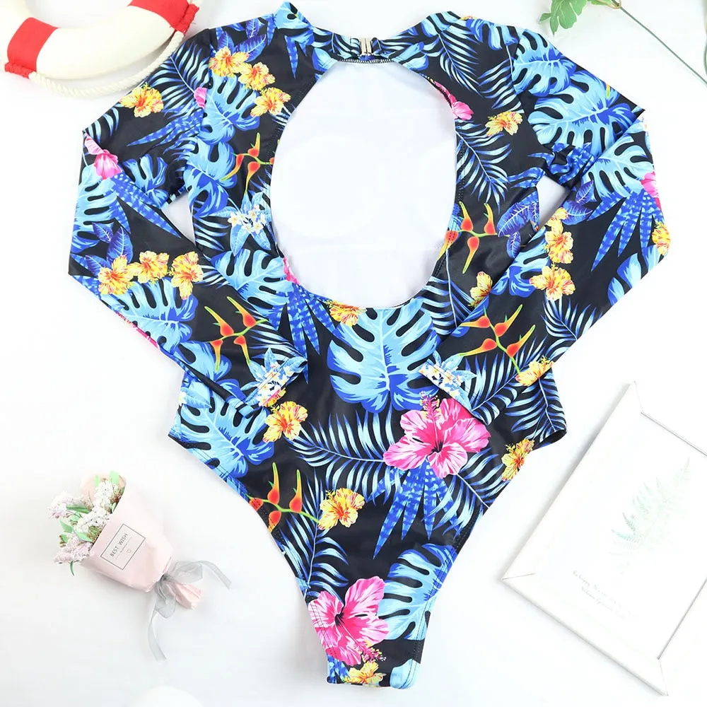 VenusFox Surfing Swimsuit for Women Long Sleeve One Piece Bodysuit Leaves Print Sexy Bikini Brasileño Summer Push Up Swimwear