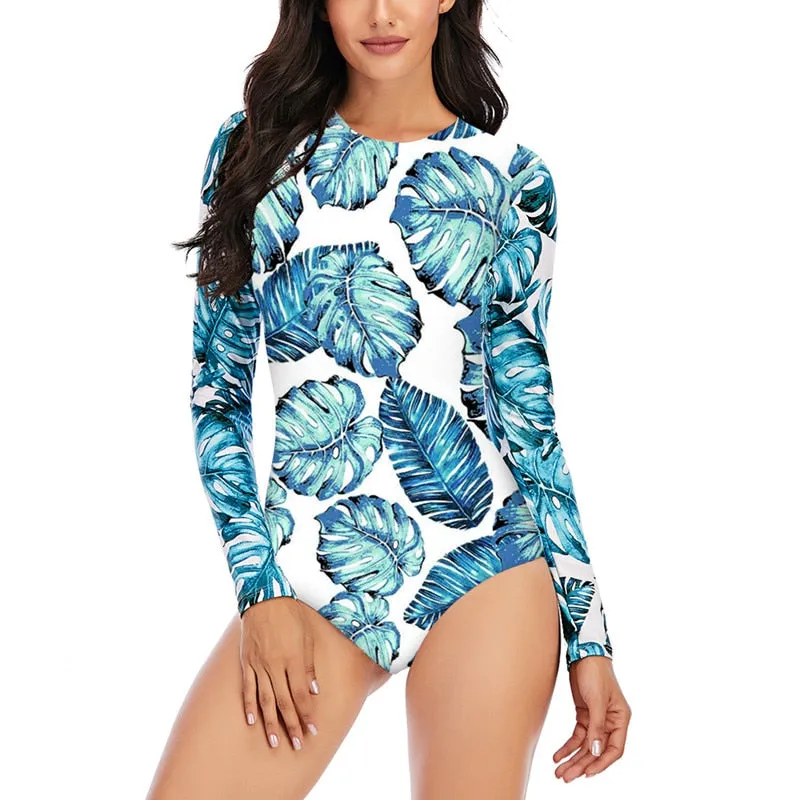 VenusFox Surfing Swimsuit for Women Long Sleeve One Piece Bodysuit Leaves Print Sexy Bikini Brasileño Summer Push Up Swimwear