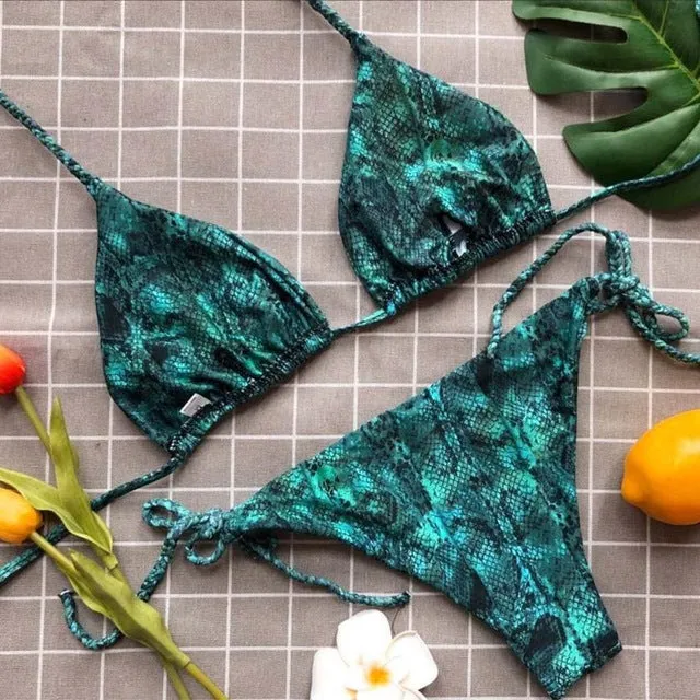 Vintage Backless Women Serpentine Print Bikini