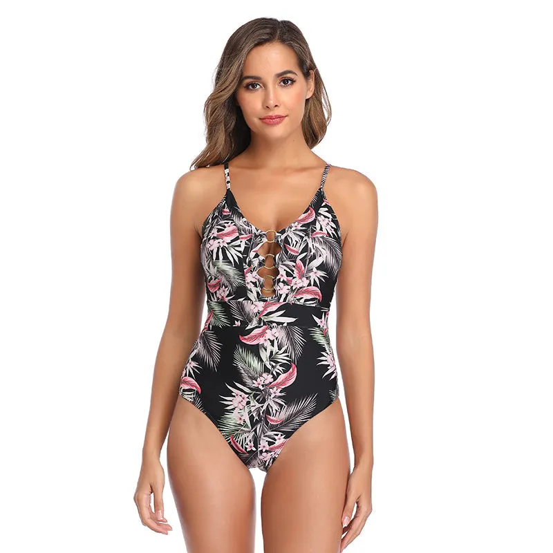 Vintage Floral Print One Piece Swimsuit Swimwear Women Beach Bodysuit Bathing Suit Monokini SwimSuit