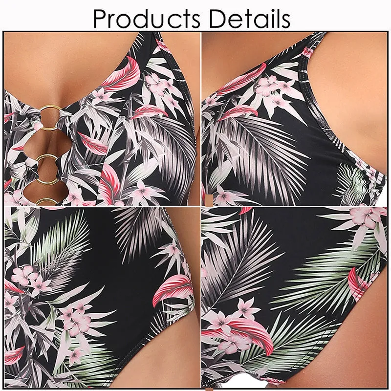 Vintage Floral Print One Piece Swimsuit Swimwear Women Beach Bodysuit Bathing Suit Monokini SwimSuit