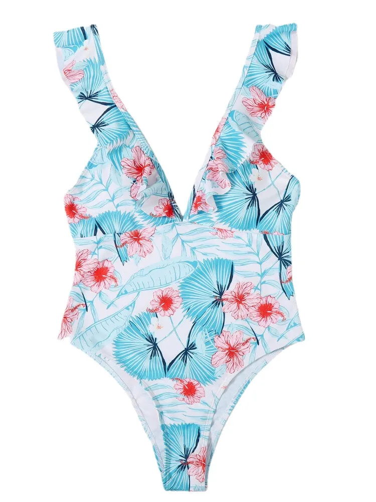 Women Floral Print Ruffle Strap Criss-Cross Breathable One Piece Swimwear