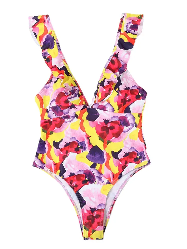 Women Floral Print Ruffle Strap Criss-Cross Breathable One Piece Swimwear