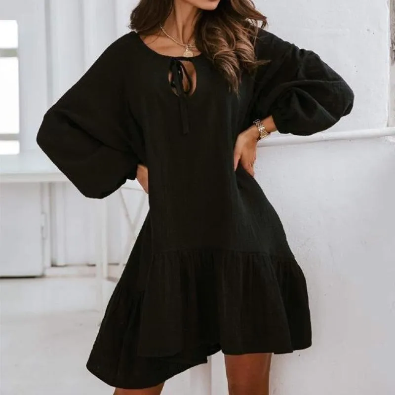 Women Lace Up Linen Long Sleeves Short Dresses