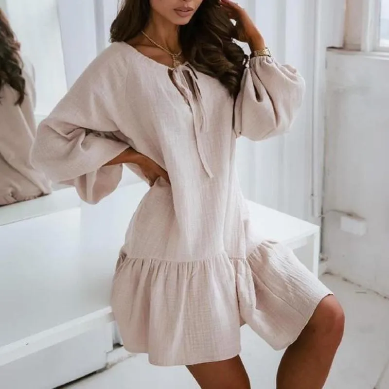 Women Lace Up Linen Long Sleeves Short Dresses