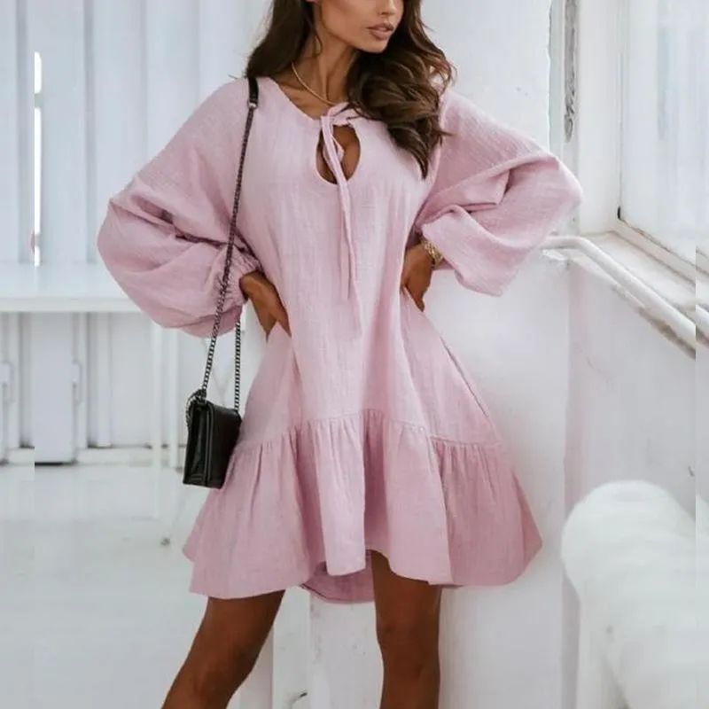 Women Lace Up Linen Long Sleeves Short Dresses