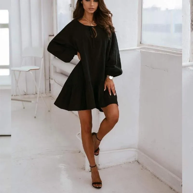 Women Lace Up Linen Long Sleeves Short Dresses