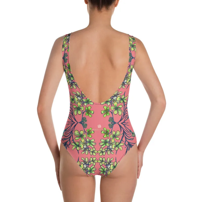 Yellow Orchids Women's Swimwear, Designer Floral Print One-Piece Swimsuit-Made in USA/EU